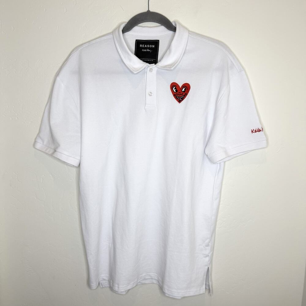 Reason X Keith Haring Polo Shirt Men’s XL White Short Sleeve Red Heart Face